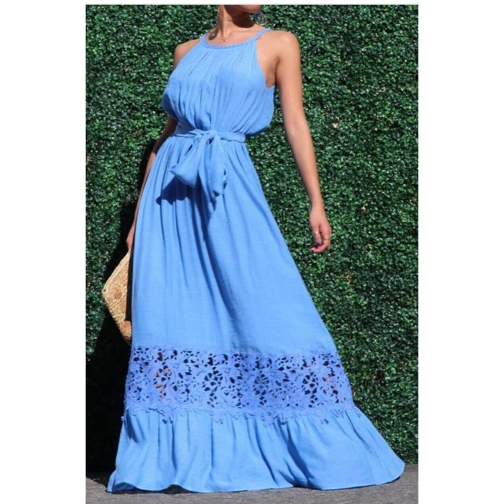 Blue Casual Beach round Neck Soft Long Maxi Dress